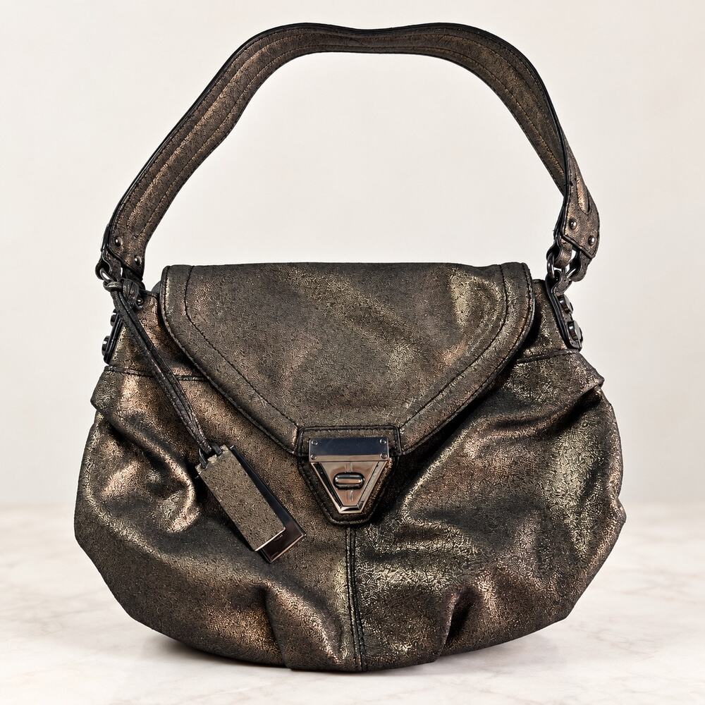 La Victoire Metallic Bronze Leather Shoulder Bag Hobo Purse Turn Lock Y2K